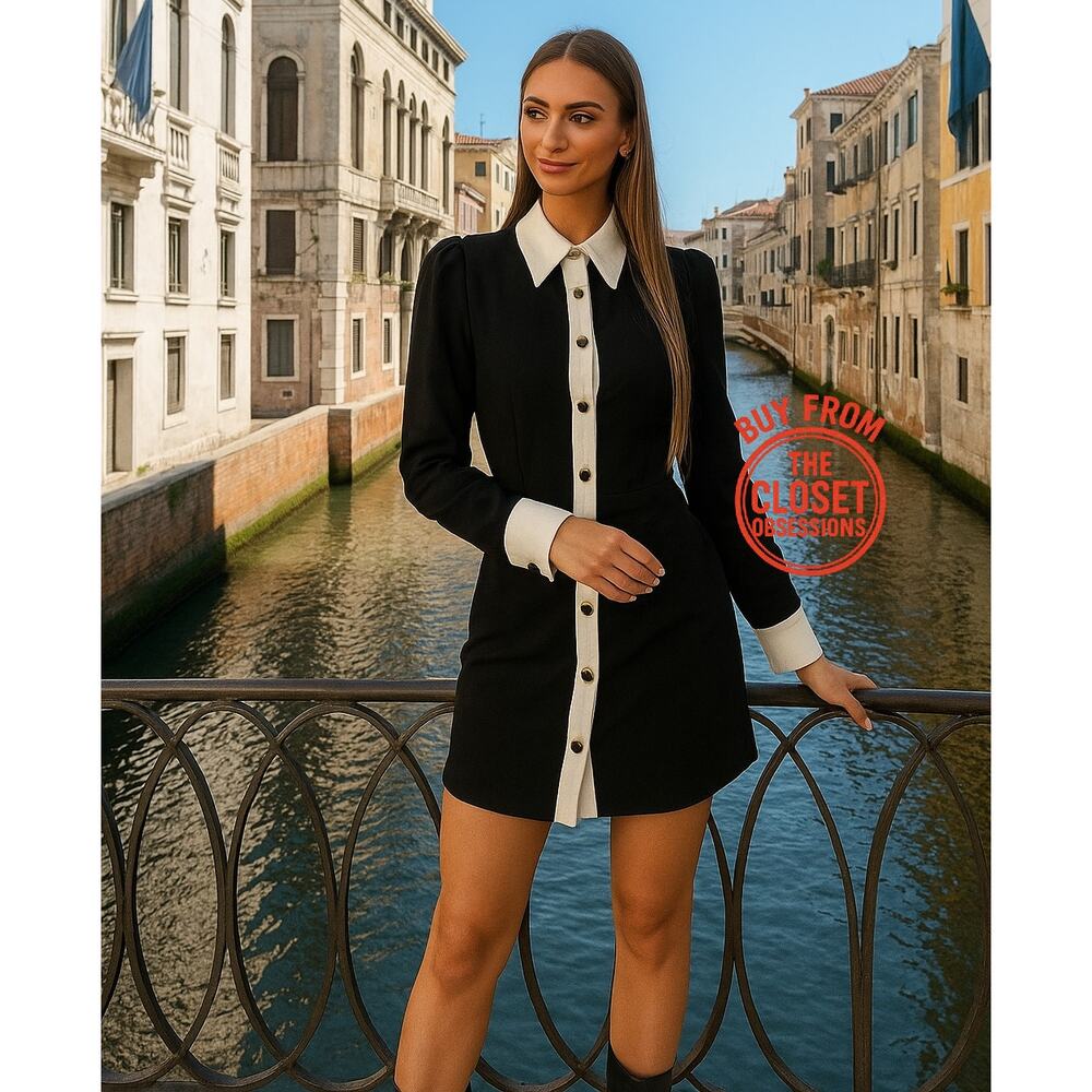 Zara NWT Black White Contrast Button Front Long Sleeve Mini Shirt Dress M